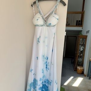 White and Blue Floral Prom Dress